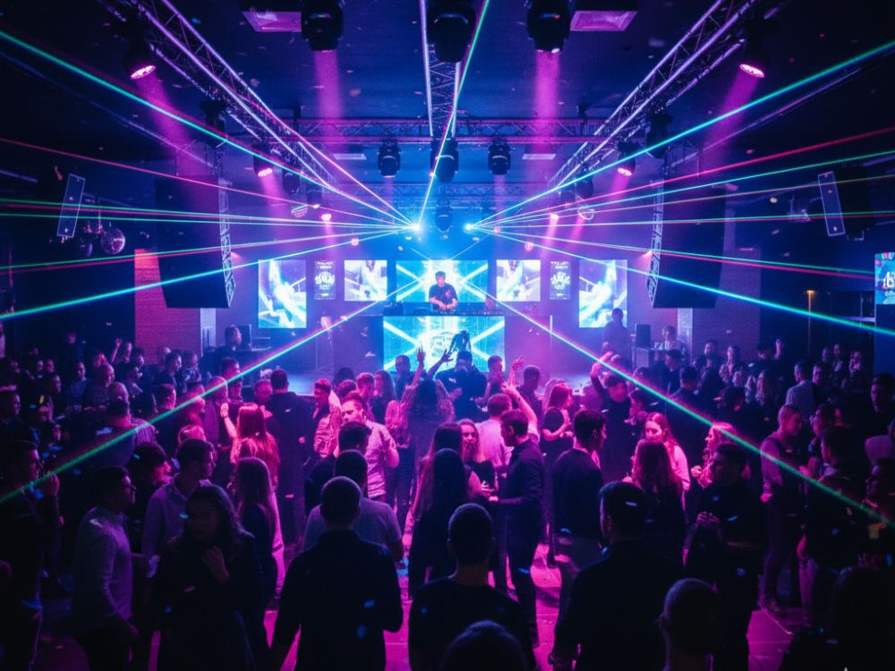 Dansende menigte op de dynamische dansvloer van Carrousel Uden tijdens een evenement met een spectaculaire lichtshow.